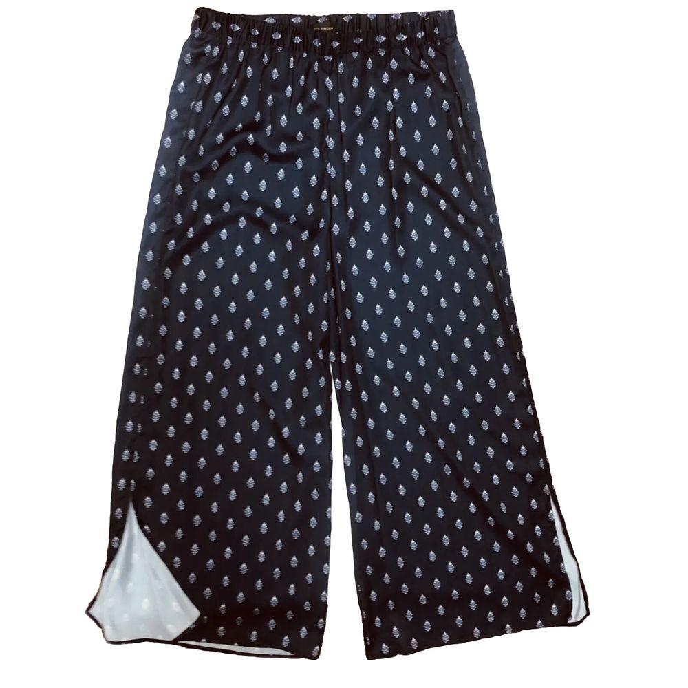 Ava &‎ Aiden Navy Blue White Medallion Print Wide Leg Pants Elastic Waist New L